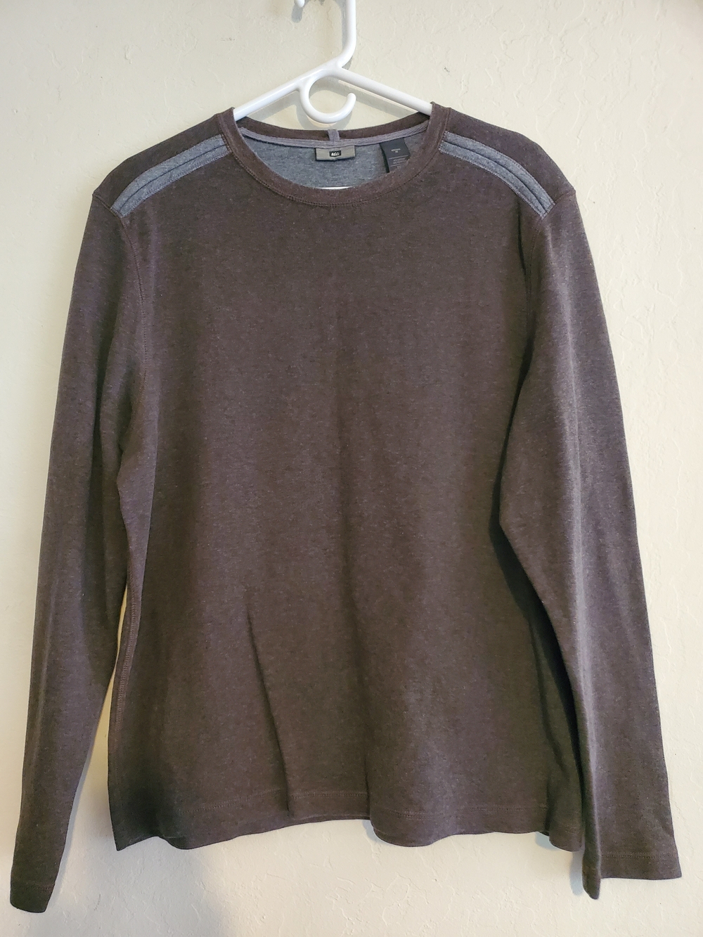 REI Men's Long Sleeve Crewneck Shirt in Dark Brown with Gray Shoulder Stripes